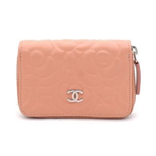 CHANEL Lambskin Camellia Embossed Zip Around Wallet Pink