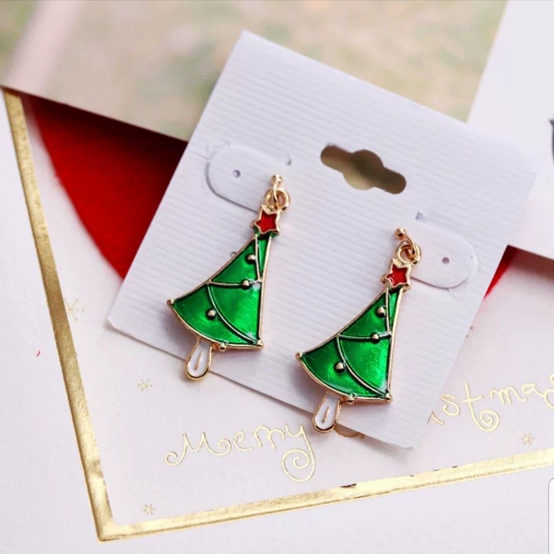 Christmas Green Tree Dangle Long Geometry Drop Earrings Korean