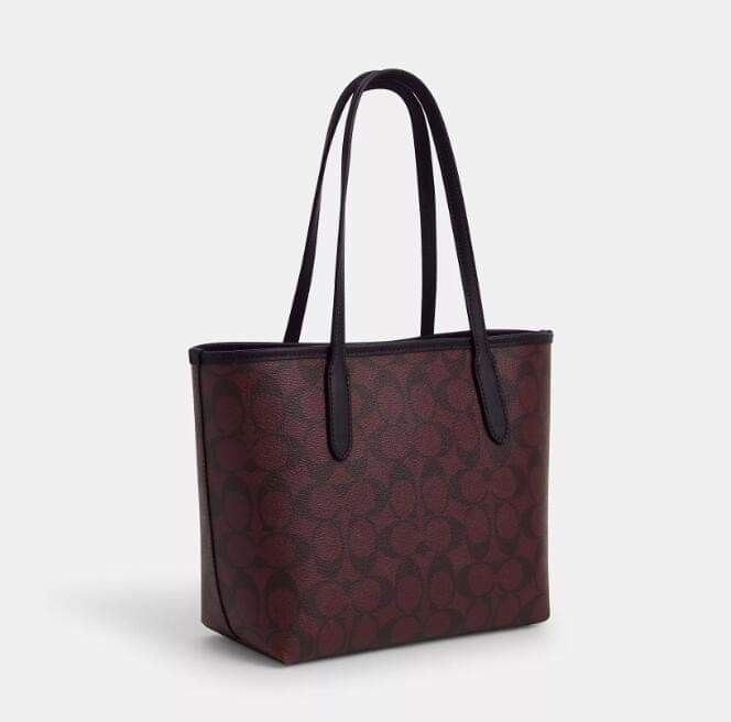 Signature Canvas Burgundy Coach Tote Bag Coach Mini City Tote In 