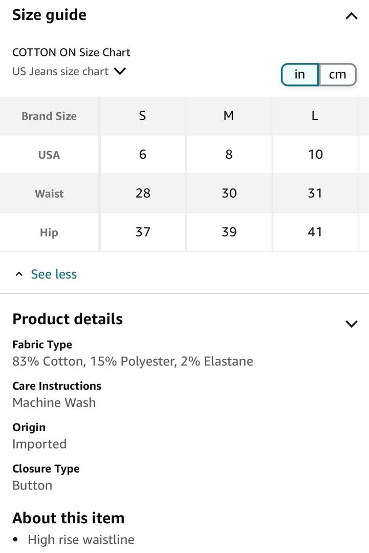 Cotton on jeans shop size chart