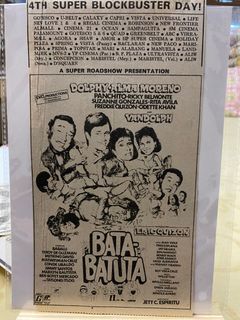Dolphy, Alma Moreno, Vandolph - Bata-Batuta -  Tagalog Filipino Old Newspaper Clip Cut Outside OPM Filipino Cinema Movie House Poster Wall Print Decor Ad