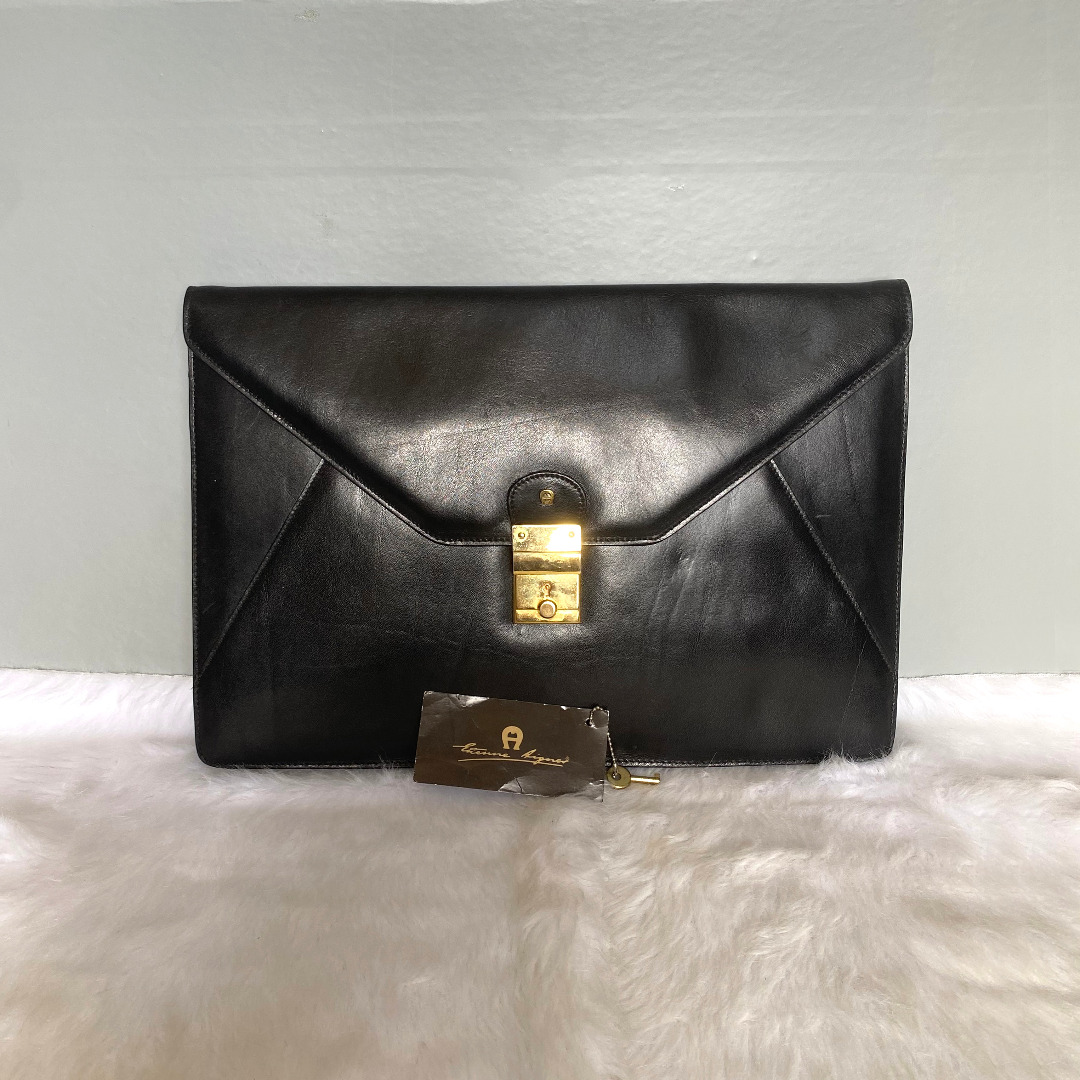 Etienne Aigner Vintage Black Leather Briefcase Document Bag, Men's