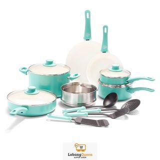 GreenLife Healthy Ceramic Nonstick Cookware Set, Turquoise, 15pc, CC003170-001
