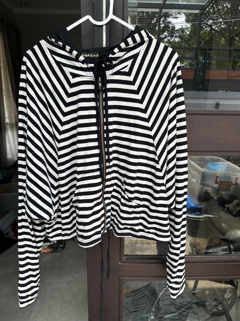 Jaket kaos hoodie stripe Fesyen Wanita Pakaian Wanita Atasan di