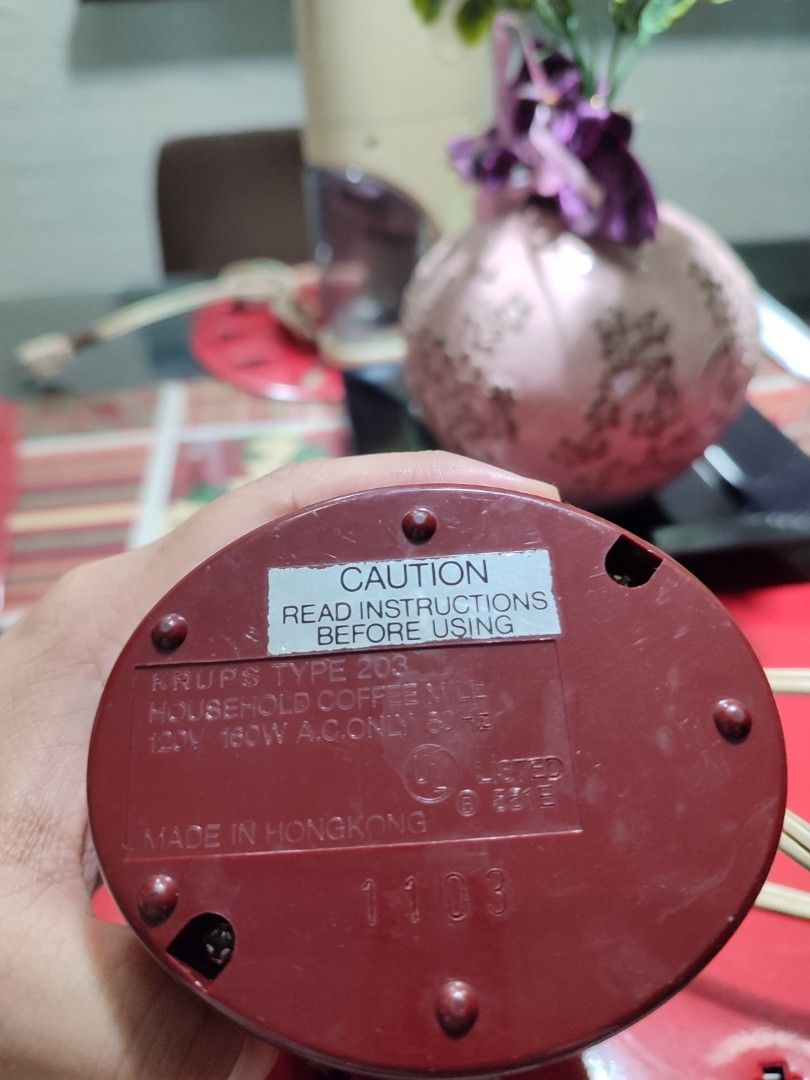 Krups Coffee Grinder (Category: Coffee Machines & Makers) located in Makati City. Submitted by alseastres2000 (Listing ID 1269597372, Image 3). Description: Basic Info: Krups Type 203 Household coffee mill Color: Maroon 110V 160W Made in Hongkong Rarely used and still working RFS: Decluttering For sure buyers only and no to bogus buyers and joy reservers also Message me for more details Location: BGC area.