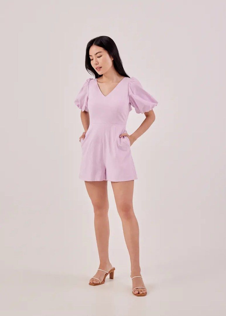 Lb love bonito Taye Puff Sleeve Tie Back Romper, Women's Fashion