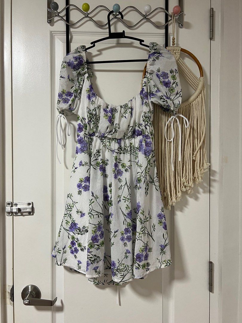 Leilani Printed Chiffon Baby Doll Dress in White and Purple, Women's