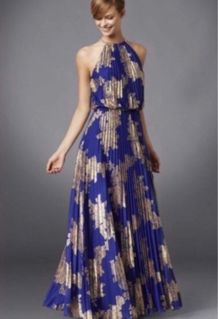 MSK Metallic Maxi Dress Blue Gold Halter Neck Women s Fashion