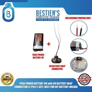 PEAK POWER BATTERY 9V with 9V BATTERY SNAP CONNECTOR (2-PCS/1-SET), BEST FOR DIY BATTERY HOLDER