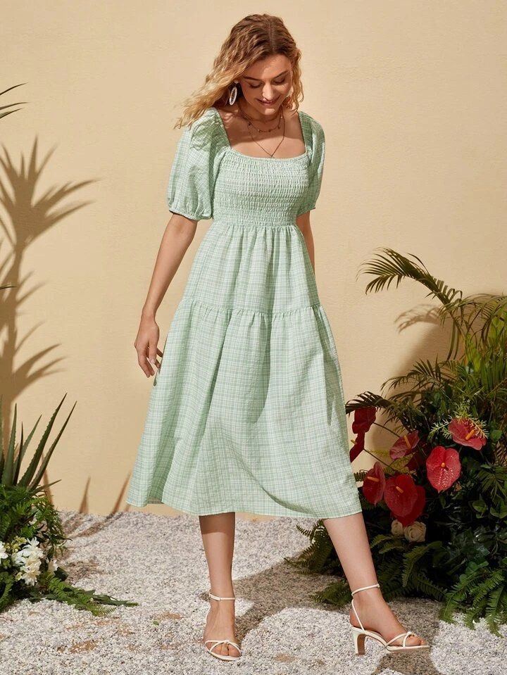 Gingham puff sleeve dress clearance