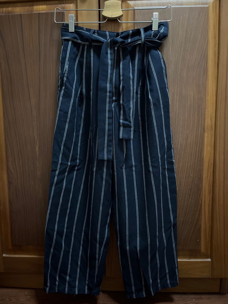 Pull and Bear Navy Striped Wide Leg Trousers Women s Fashion