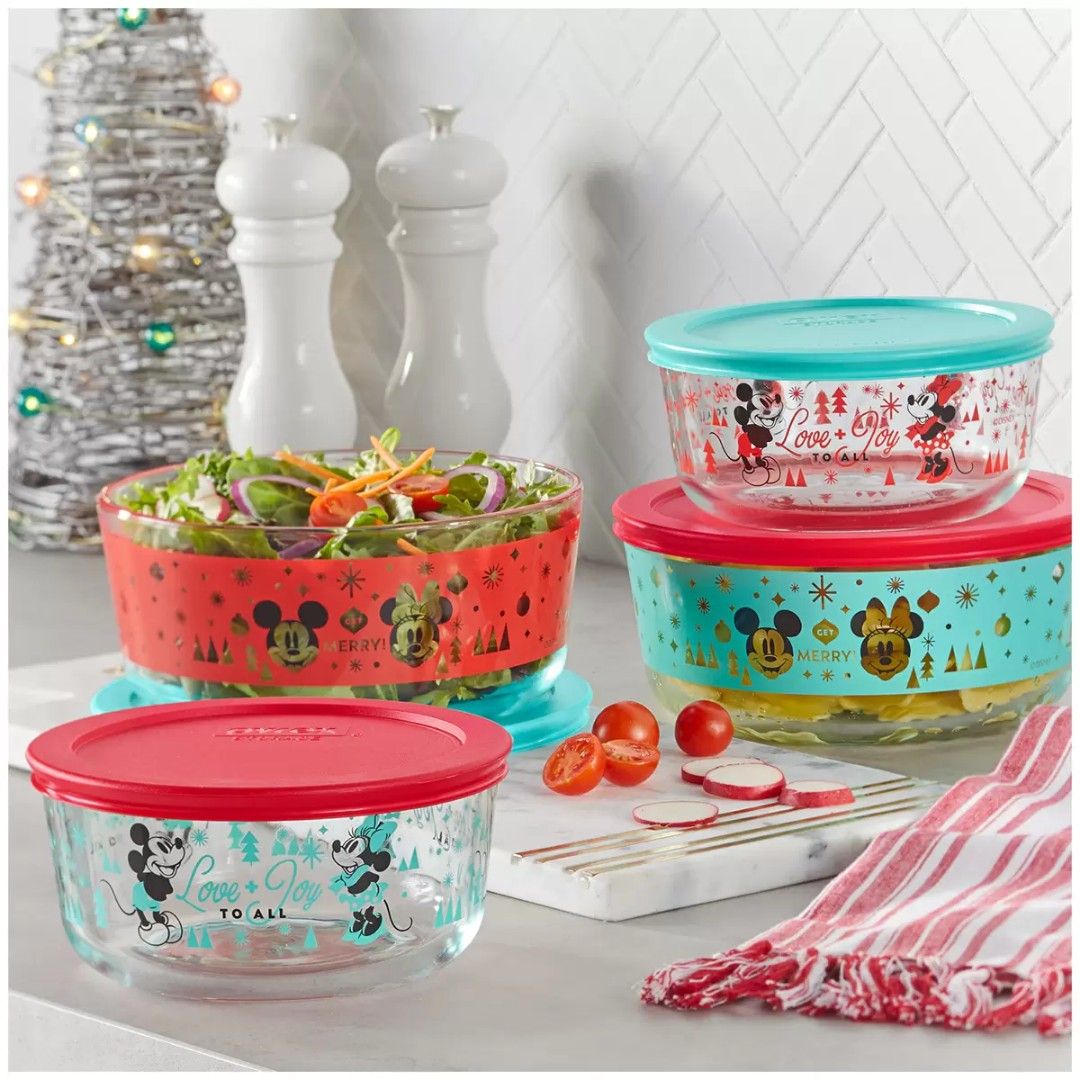 Pyrex Disney Holiday Mickey and Minnie Mouse Container Set 2 Glass Storage  Box 