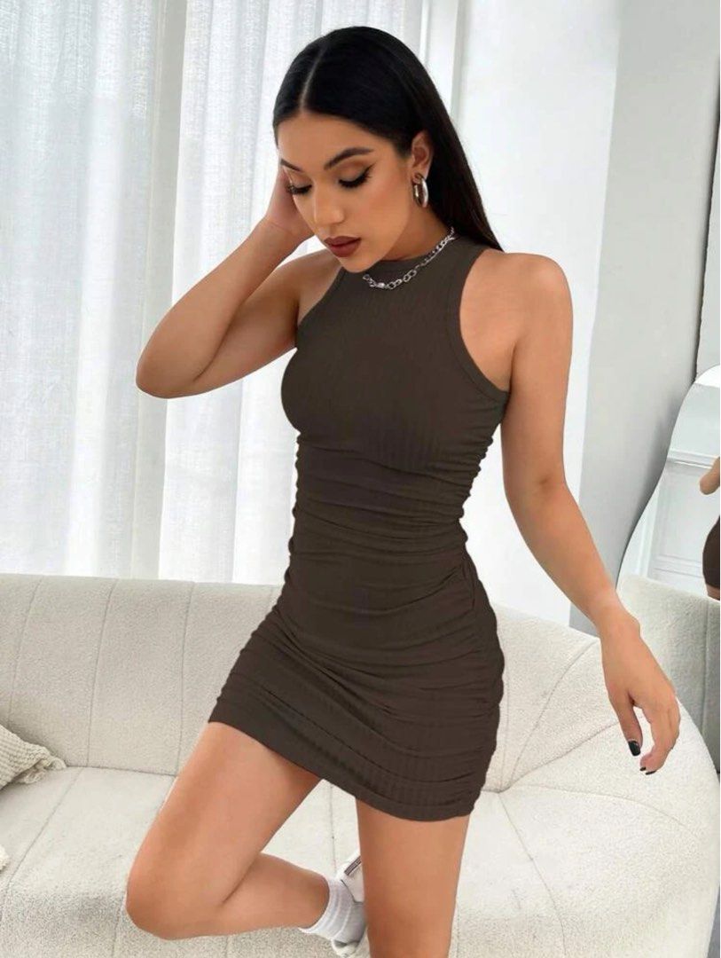 shein solid ruched bodycon dress SHEIN BAE Solid Ruched Bodycon Dress