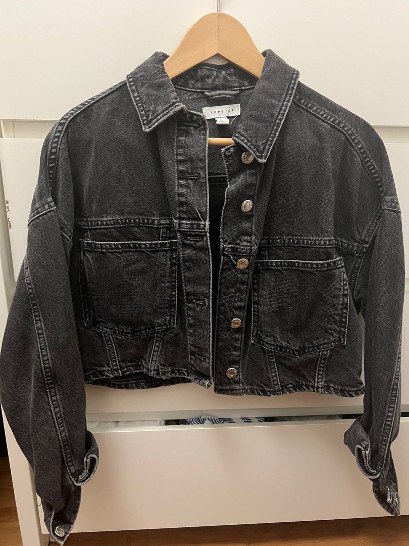 Topshop black online cropped denim jacket