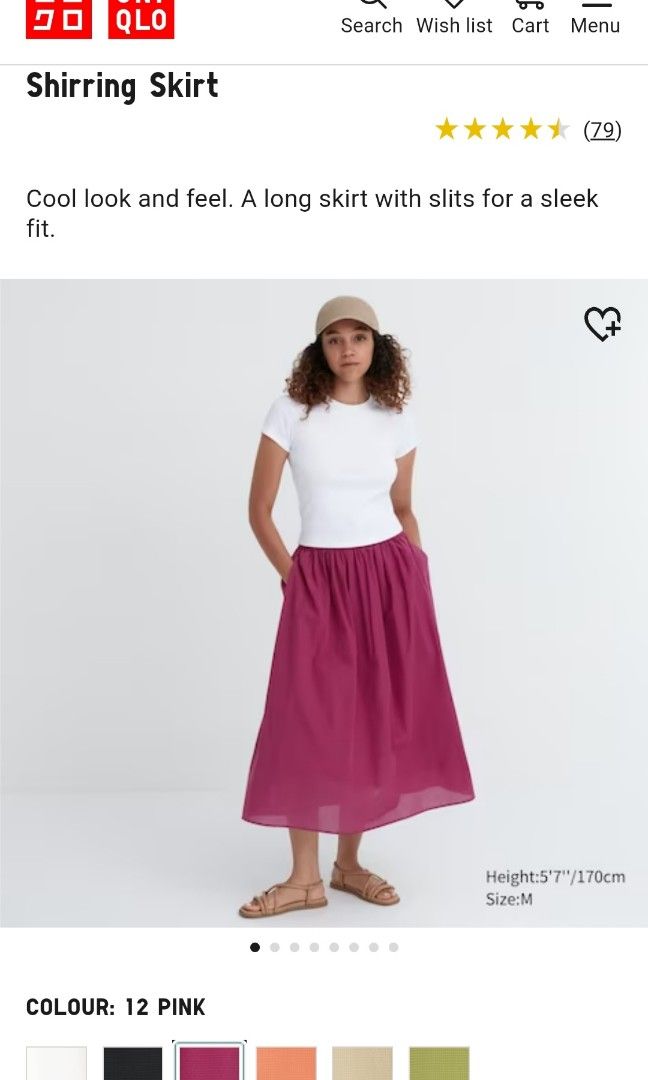 Uniqlo shirring skirt, A line, pink/ red, size S, midi- maxi,Long, all ...