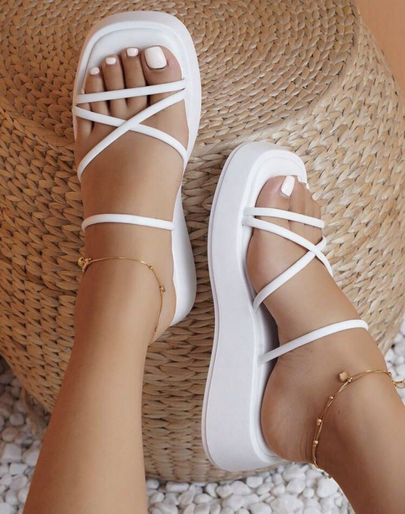 White Chunky Strap Sandals Size 5.5 Women s Fashion Footwear