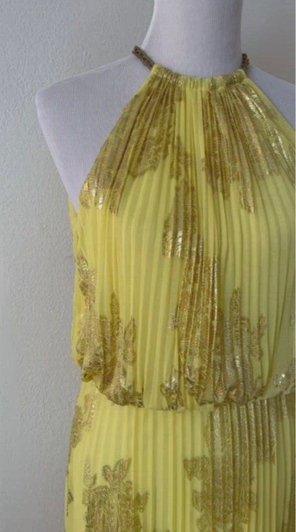 Yellow Gold Pleated Foiled Maxi Dress Women s Fashion Dresses