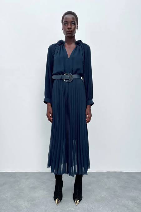 Zara blue pleated sales dress