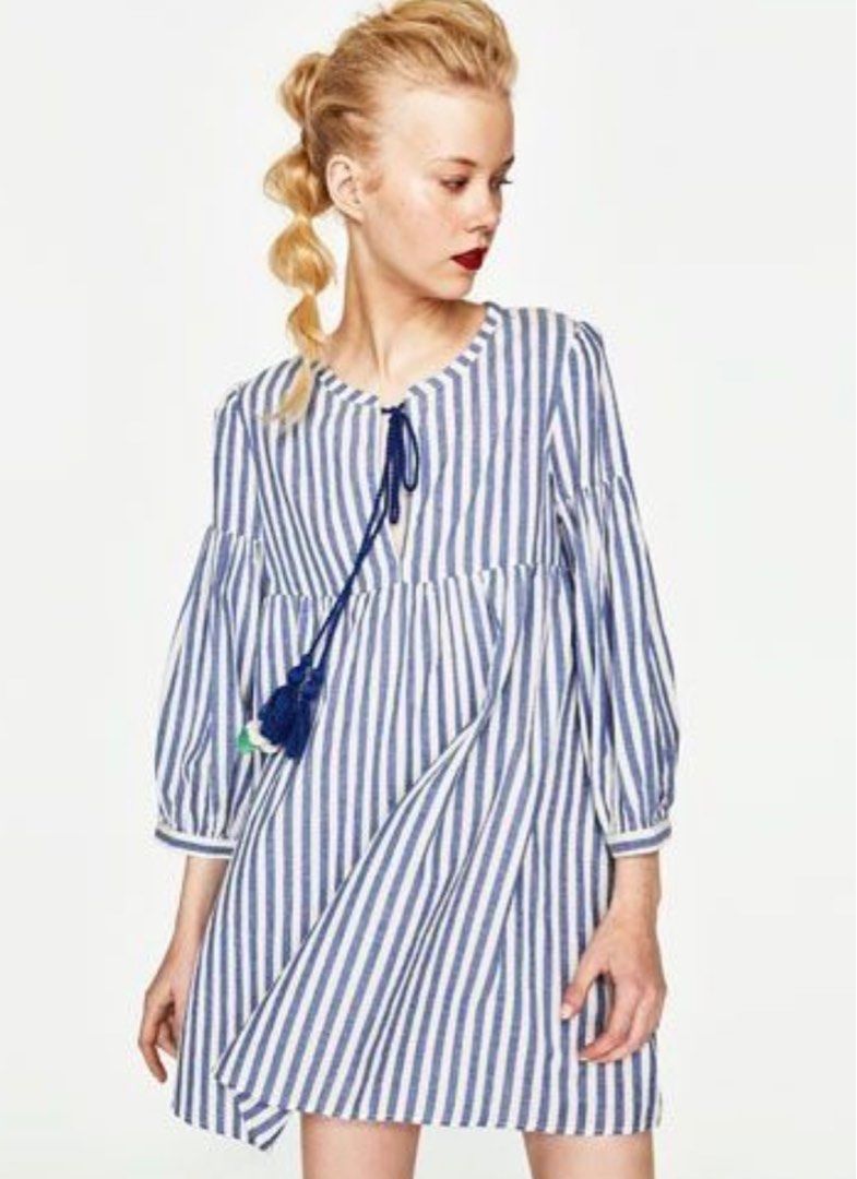 Striped dress with cheap pom poms zara