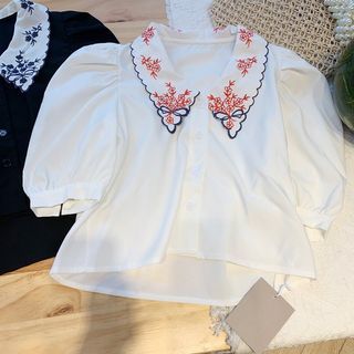 刺繡娃娃領 澎袖短版襯衫