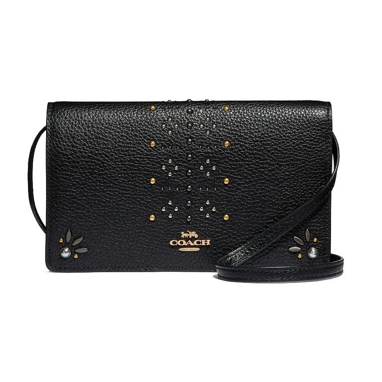 Authentic Coach Crossbody Bag Foldover Crossbody Clutch In Signature Canvas With Rivets Black F31616New With Defect
