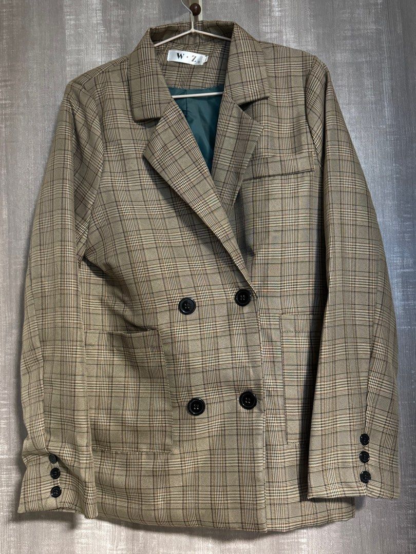 Brown Checkered Blazer, Women's Fashion, Coats, Jackets and Outerwear