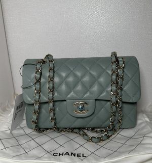 全新CHANEL 23C cf small小號 灰綠色 荔枝皮 金扣