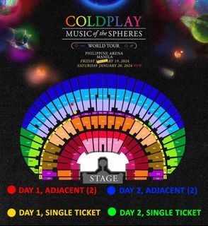 Coldplay PH UBB Day 1 & Day 2 Adjacent and Single Tickets