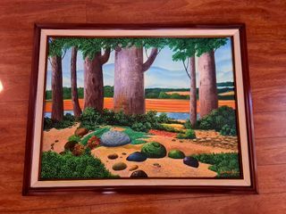 Colorful forest painting with frame ready to hang wall decor