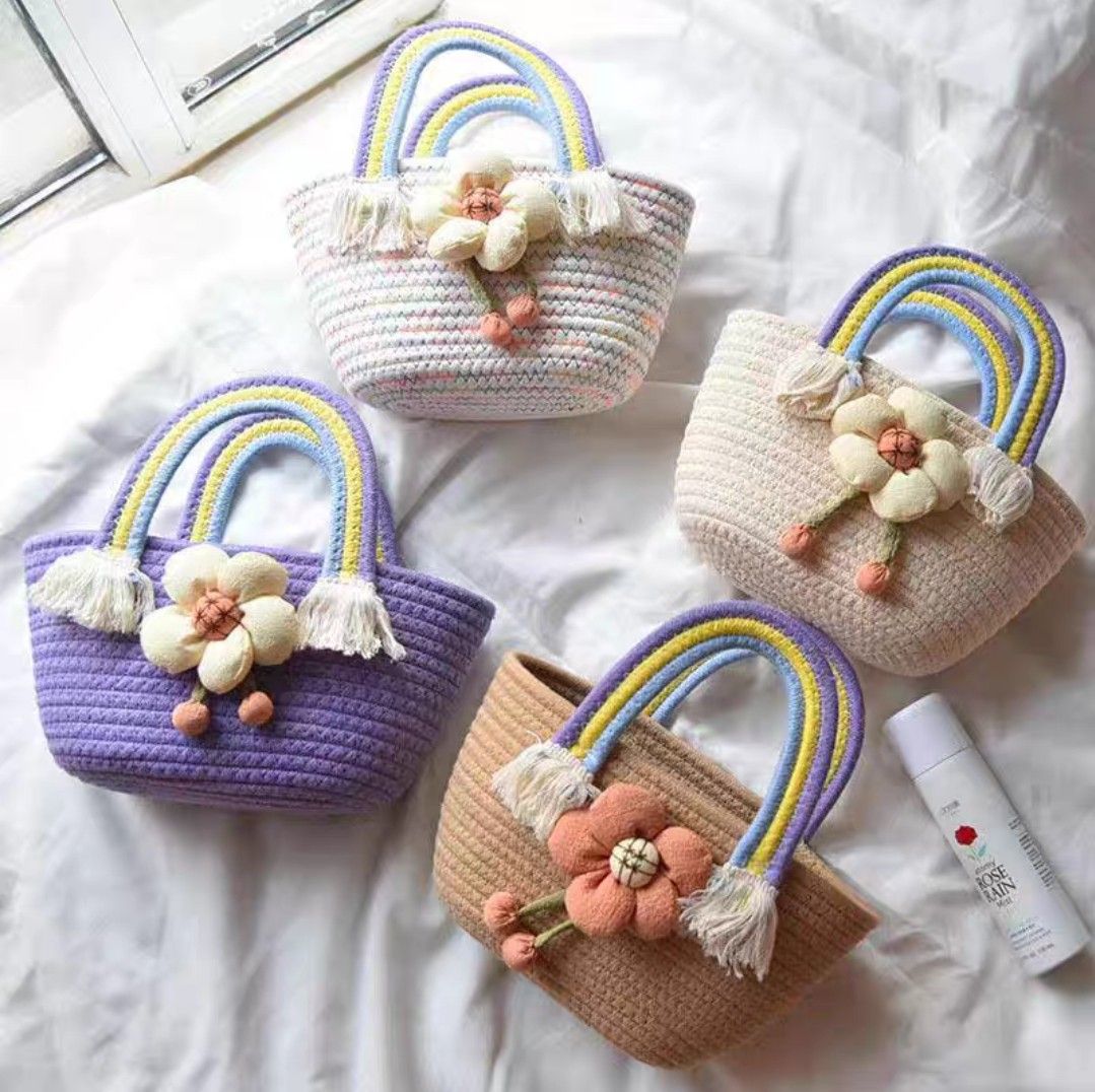 Cute flower woven cotton rope bags for women children girls