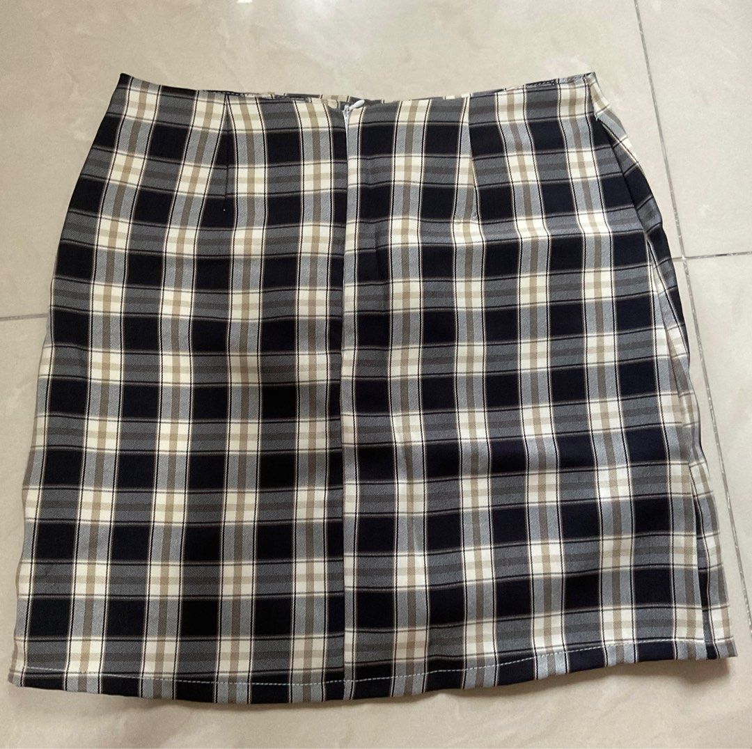 Black and white cheap checkered skirt zipper
