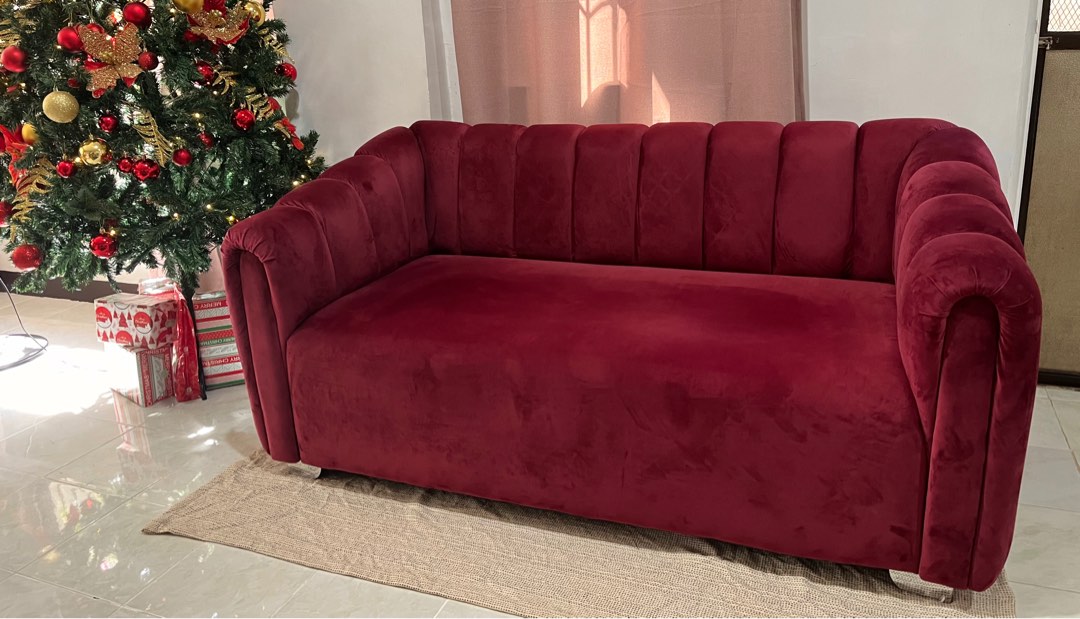 Dark Red Velvet Sofa, Furniture & Home Living, Furniture, Sofas on