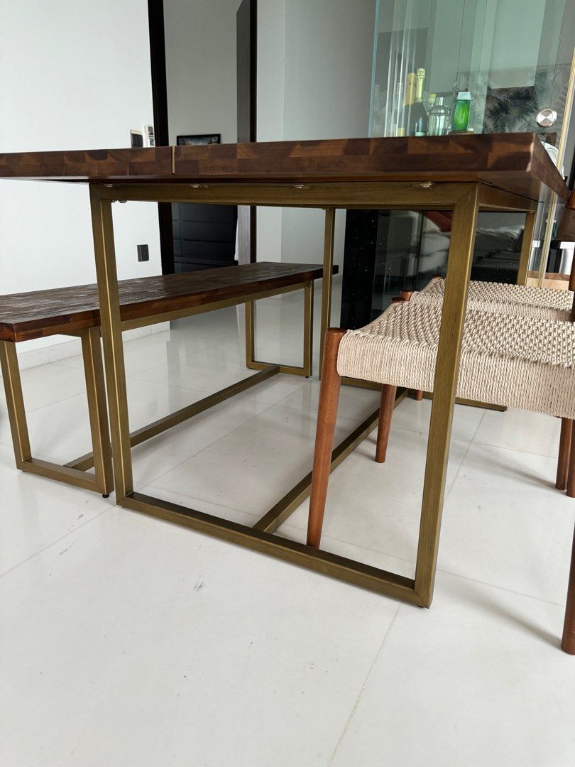 Dining Table Set (Category: Tables & Sets) located in Singapore. Submitted by heyimbelly (Listing ID 1269767758, Image 3). Description: Bought in Aug / Sept 2022 from castlery close to $2000 for full set, and bench and table model are no longer in stock. Beautiful rich solid wood and brass finishing. Chairs were added to complete the dining set. Letting go at $800 for whole set. PM to discuss .