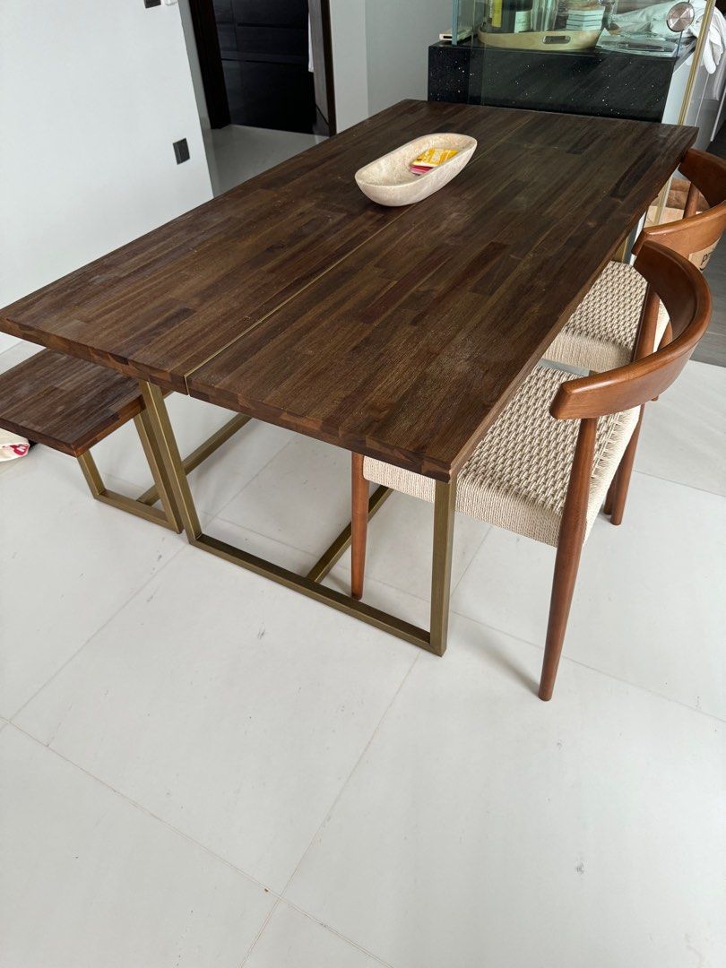 Dining Table Set (Category: Tables & Sets) located in Singapore. Submitted by heyimbelly (Listing ID 1269767758, Image 2). Description: Bought in Aug / Sept 2022 from castlery close to $2000 for full set, and bench and table model are no longer in stock. Beautiful rich solid wood and brass finishing. Chairs were added to complete the dining set. Letting go at $800 for whole set. PM to discuss .