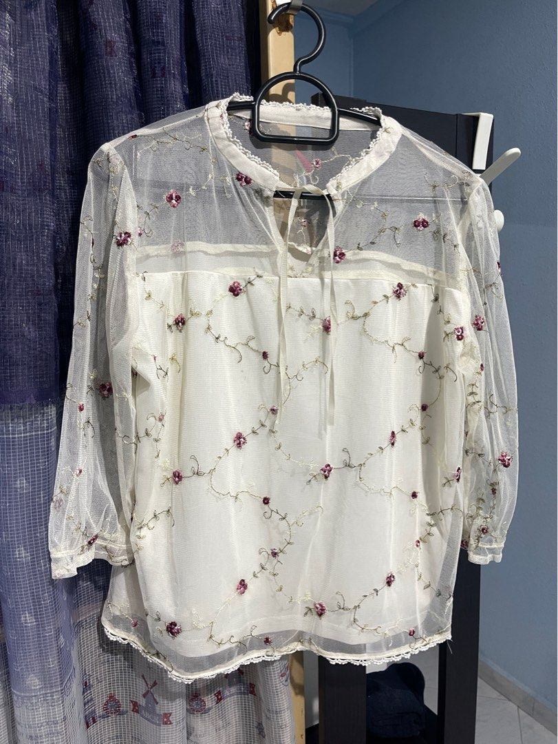 Mesh top with embroidered flowers deals