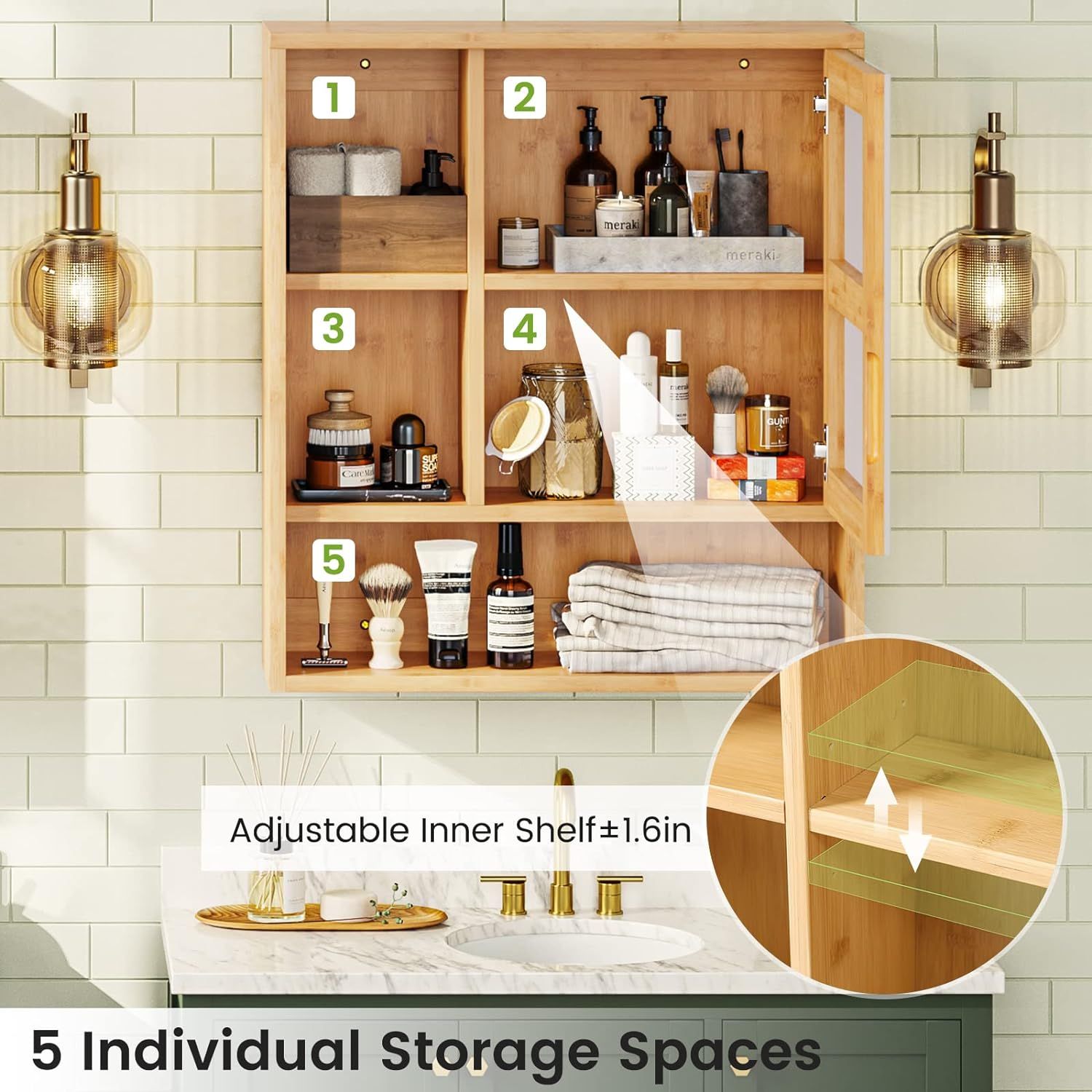 FORABAMB Bathroom Wall Cabinet Wood Medicine Cabinets with 2 Doors &  Adjustable Shelves Over The Toilet Storage Cabinet with 3 Compartments Wall