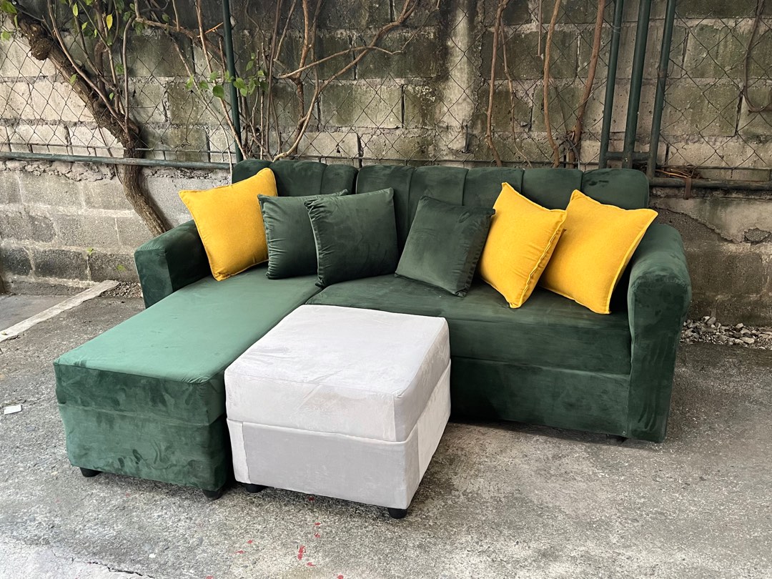 Green Velvet Sofa with Pillows and Ottoman Set, Furniture & Home Living