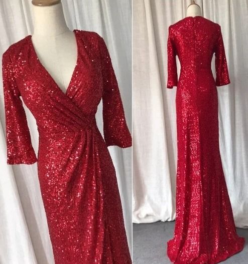 L50 Sparkle Green Evening Dress Long Sleeves Fitted Prom Gown V