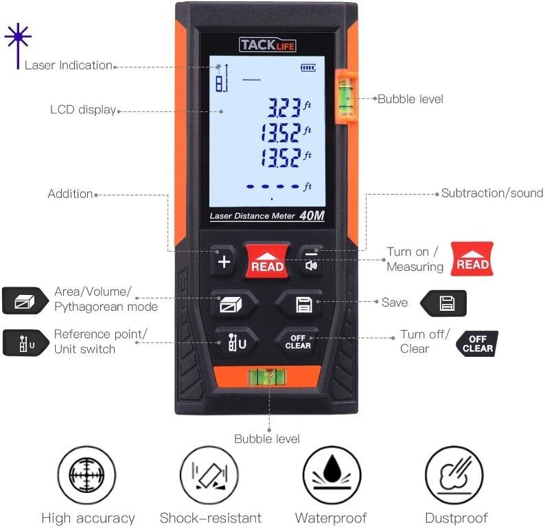 Laser Measure,RockSeed 328 Feet Digital Laser Distance Meter with 2 Bubble  Levels,M/in/Ft Unit Switching Backlit LCD and Pythagorean Mode, Measure