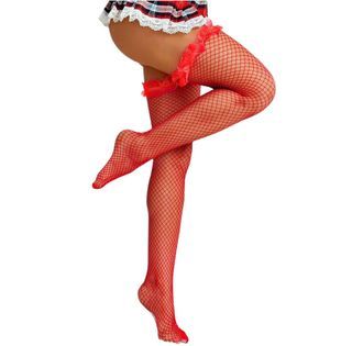 Lucky Doll® Red Ruffle Tulle Mesh Fishnet Thigh high Stockings Hosiery Lingerie