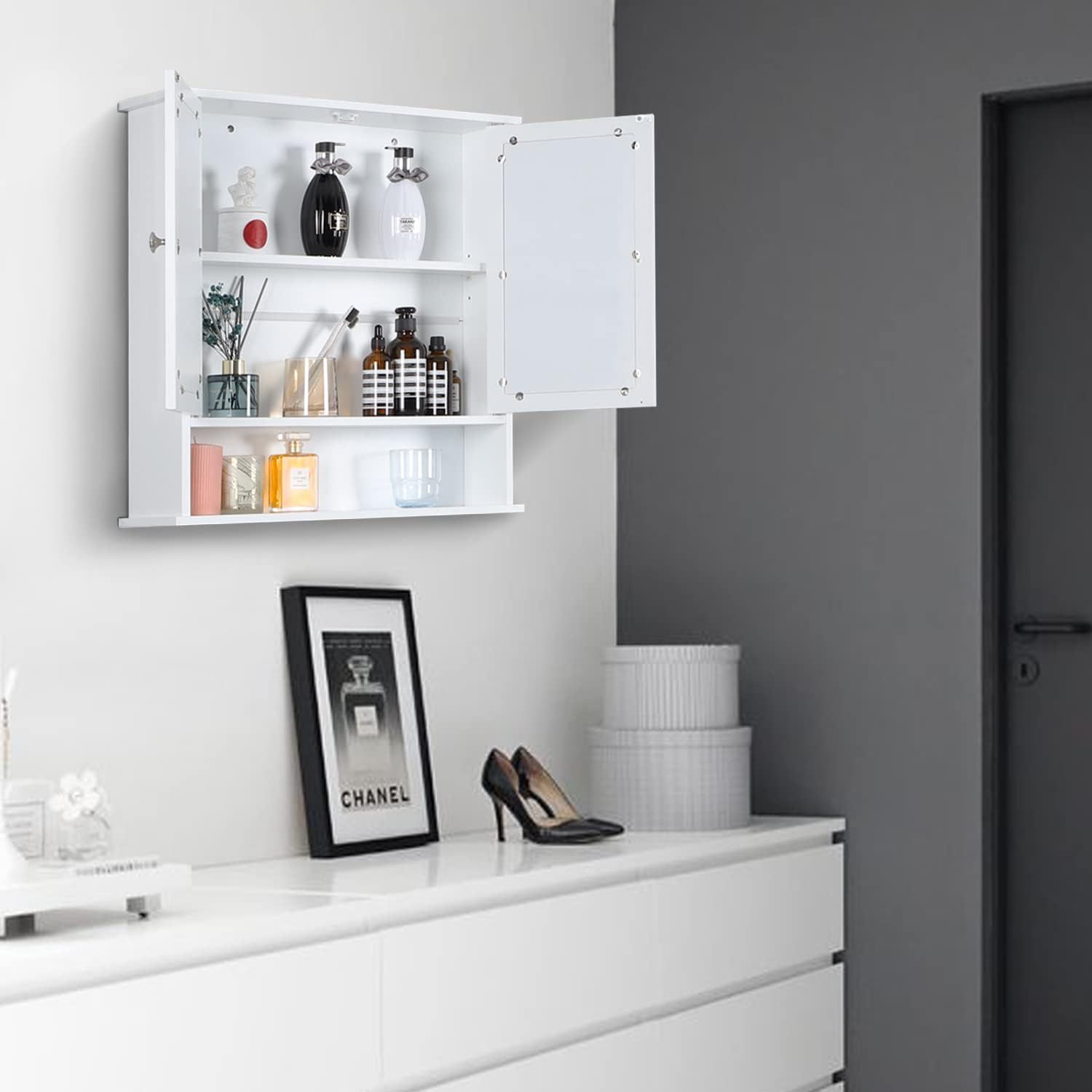  Treocho Bathroom Wall Cabinet, Medicine Cabinet with Door and 3  Open Shelves, Wall Mounted Storage Organizer for Bathroom, Kitchen, Living  Room, White : Home & Kitchen
