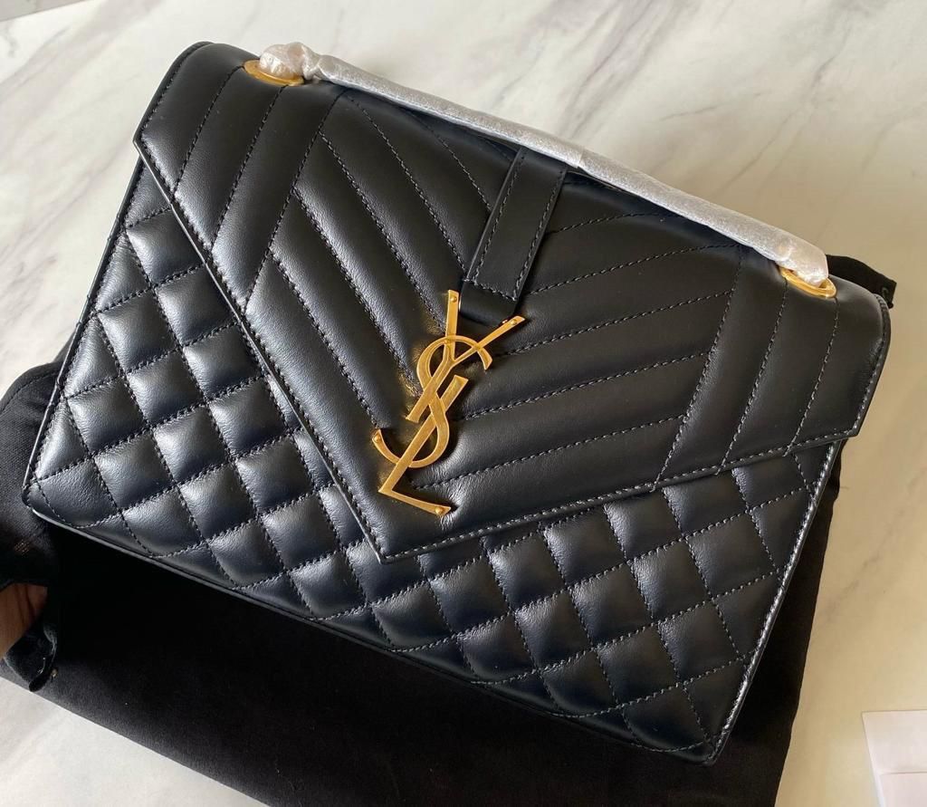 New YSL Envelope Bag Matelasse Lamb Leather Medium Black GHW Size