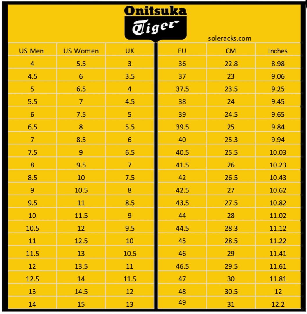 Asics tiger shoes deals size chart