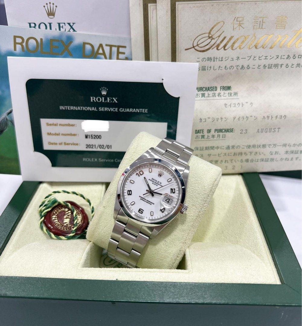 Rolex OP 34mm White Arabic Dial Full Set Cert Service Card