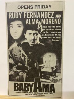RUDY FERNANDEZ ALMA MORENO IN BABY AMA - Tagalog Filipino Old Newspaper Clip Cut Outside OPM Filipino Cinema Movie House Poster Wall Print Decor Ad
