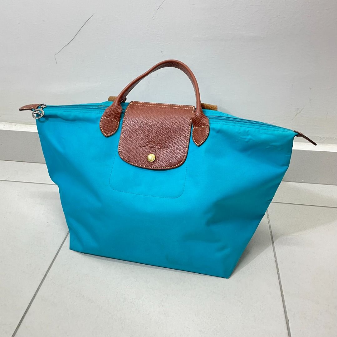 SALE LONGCHAMP LE PLIAGE SIZE MEDIUM M HAND BAG TOTE AQUA BLUE COLOR MADE IN FRANCE PRE LOVED