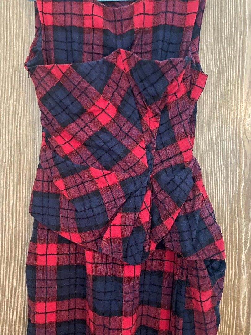 Tartan red checkered dress draped 3D Women s
