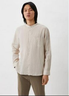 Uniqlo Men Premium Linen Stand Collar Shirt - Medium Beige