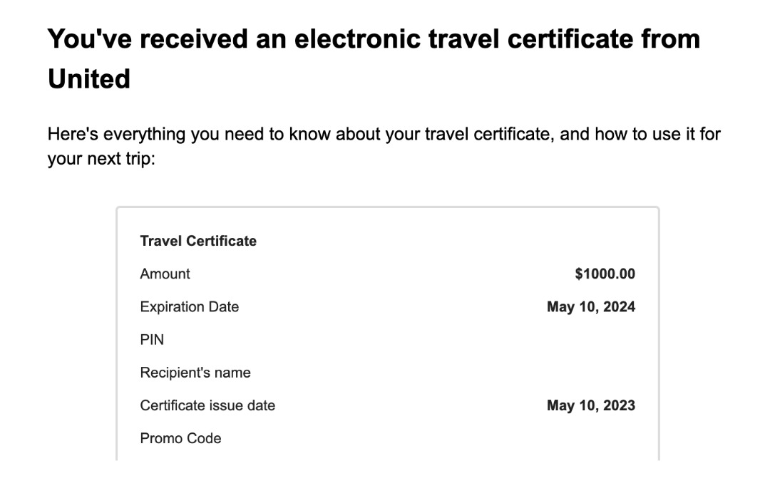 United Airlines US1,000 Travel Certificate, Tickets & Vouchers