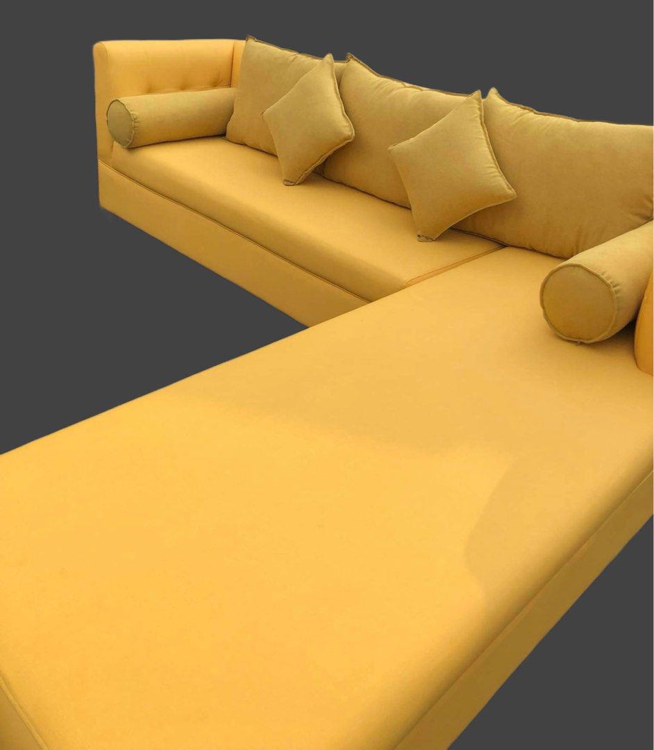 XXL Yellow Leather Lshape Sofa with mahogany frame (Category: Sofas) located in Las Pinas. Submitted by abby_e_g (Listing ID 1269869764, Image 2). Description: L100 inches x W30 inches x H32 inches With 85inches Chaise Length Mahogany Wood Frame Solid Uratex Foam French Genuine Leather Customize Wooden Legs painted with gold With free pillows and bolsters Pre Order 7 days lead time. .